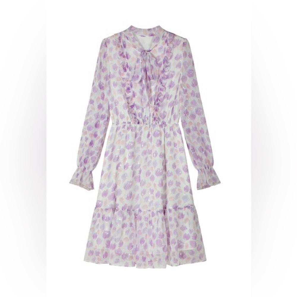 NWT Bow Tie Neck Floral Print Button Front Ruffle Hem A-line Dress Lilac Size S - Picture 6 of 16